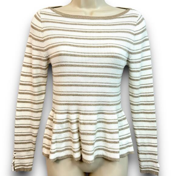 White House Black Market Cream Tan Striped Peplum Ribbed Knit Sweater Size Small - Picture 2 of 8